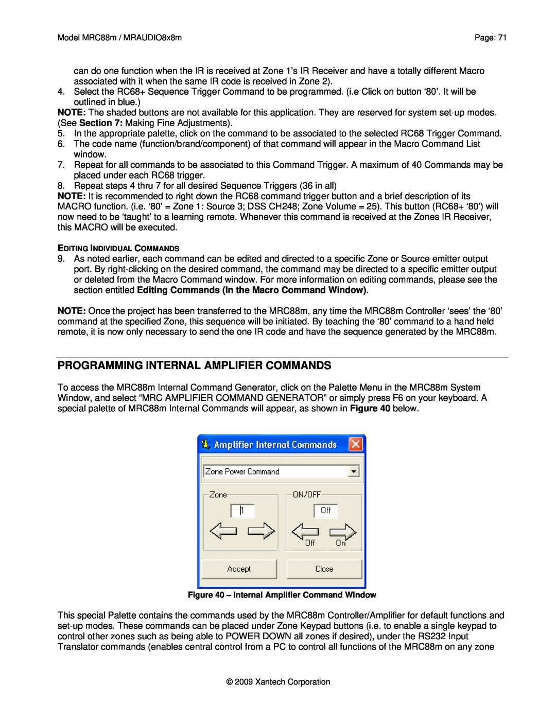 Xantech MRAUDIO8X8M, MRC88M installation instructions Programming Internal Amplifier Commands 