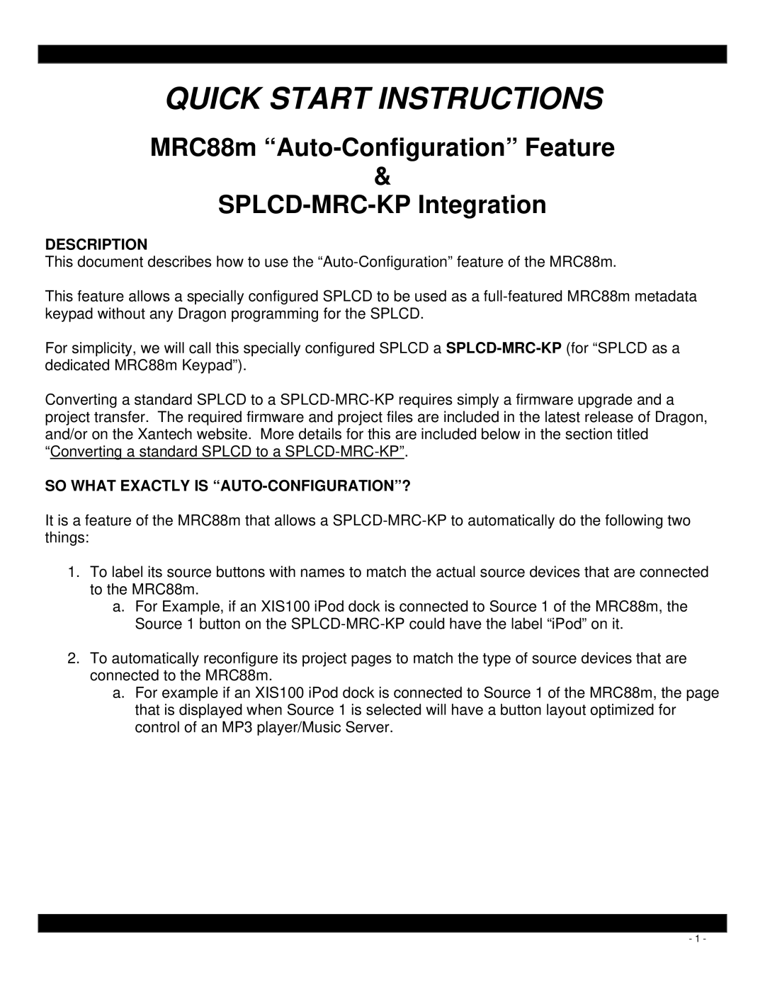 Xantech MRC88M quick start Quick Start Instructions 