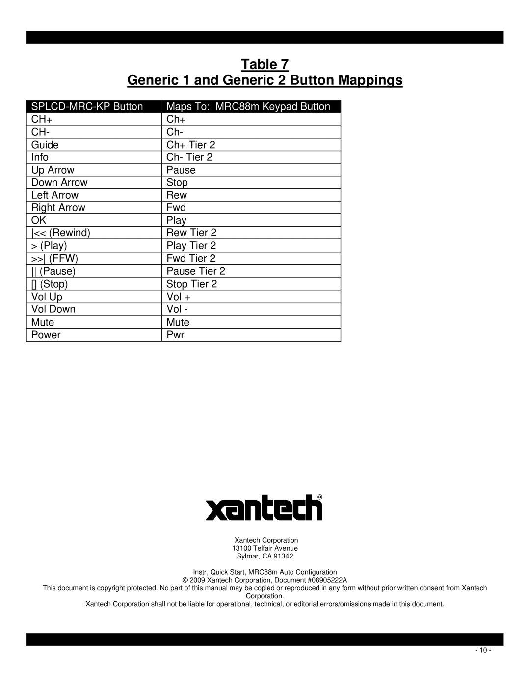 Xantech MRC88M quick start Generic 1 and Generic 2 Button Mappings 