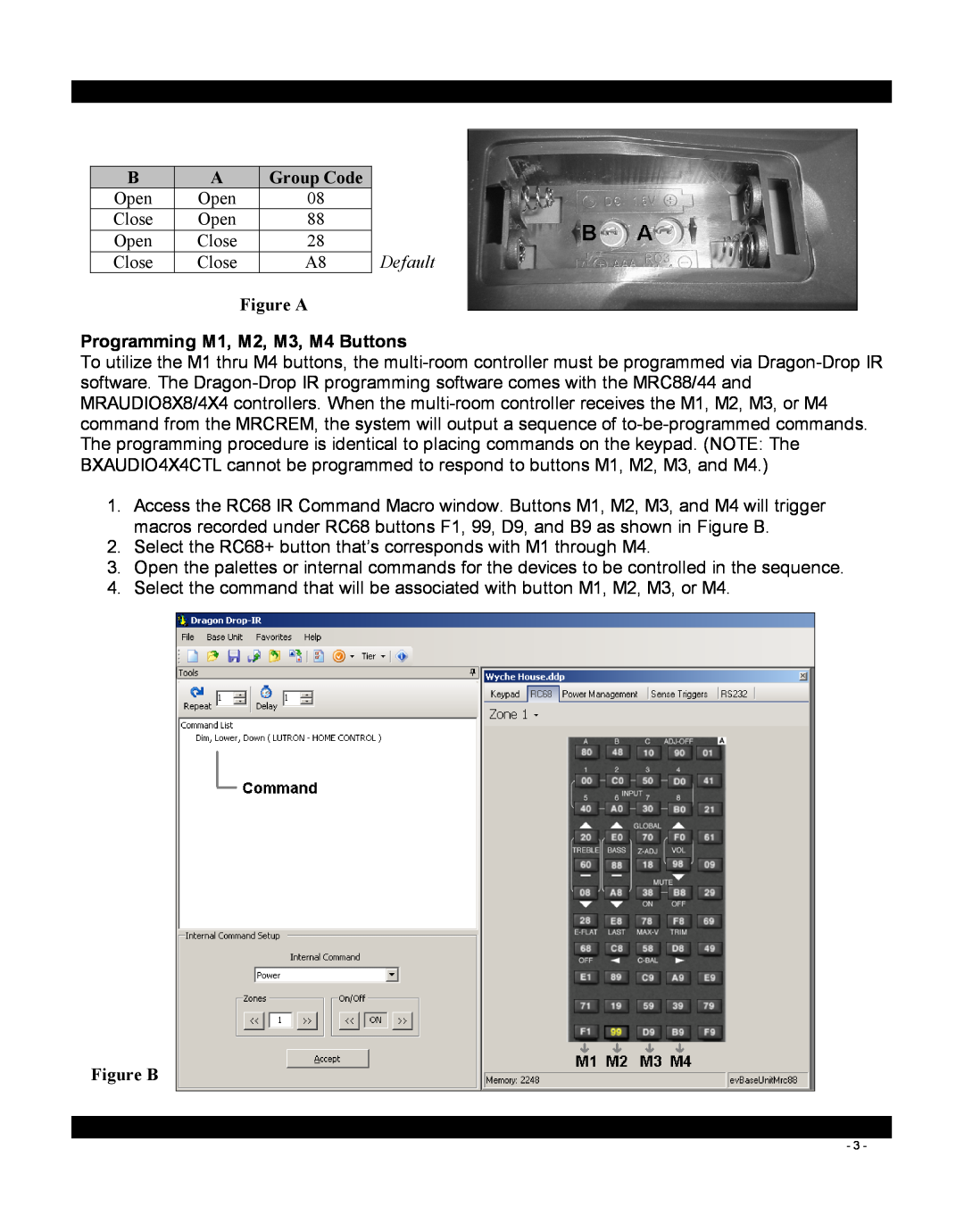 Xantech MRCREMRP installation instructions Programming M1, M2, M3, M4 Buttons, Group Code, Default, Figure A, Figure B 