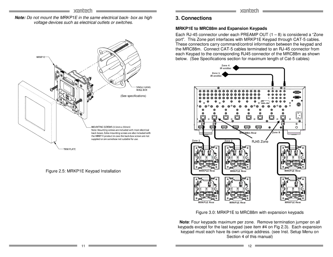 Xantech installation instructions Connections, MRKP1E to MRC88m and Expansion Keypads 