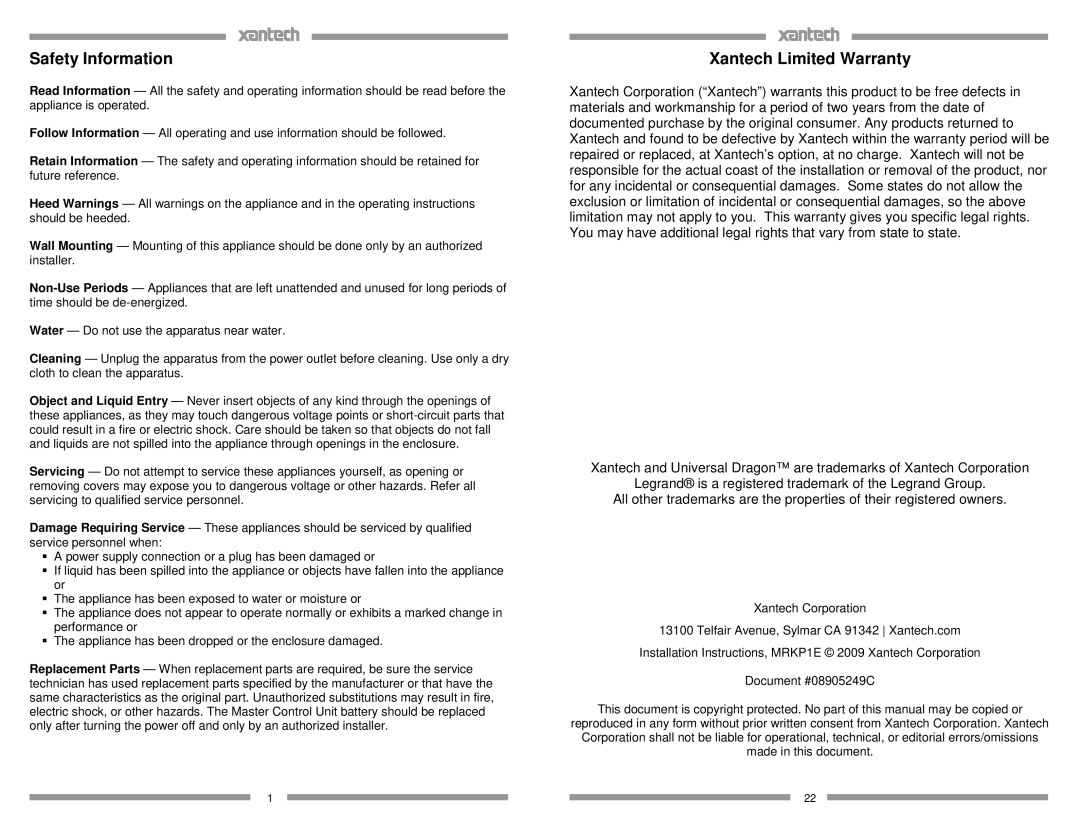 Xantech MRKP1E installation instructions Safety Information, Xantech Limited Warranty 