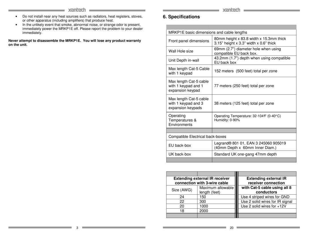 Xantech MRKP1E installation instructions Specifications, Extending external IR receiver connection with 3-wire cable 