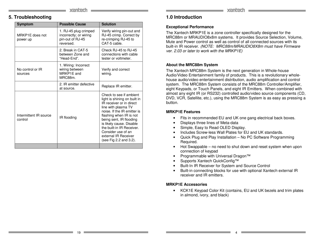 Xantech MRKP1E installation instructions Troubleshooting, Introduction 