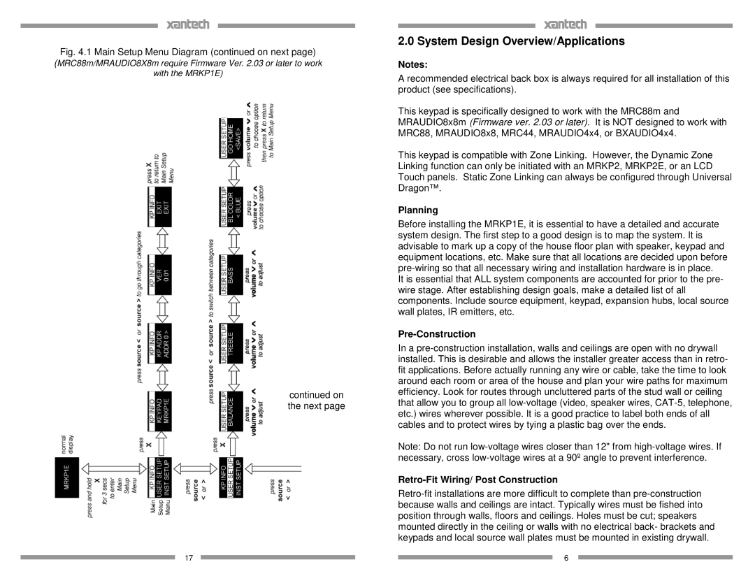 Xantech MRKP1E System Design Overview/Applications, Planning, Pre-Construction, Retro-Fit Wiring/ Post Construction 