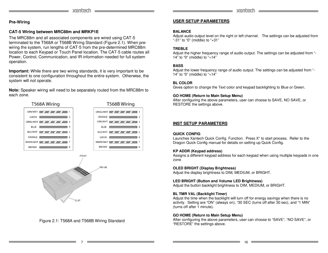 Xantech Pre-Wiring CAT-5 Wiring between MRC88m and MRKP1E, User Setup Parameters, Inst Setup Parameters 