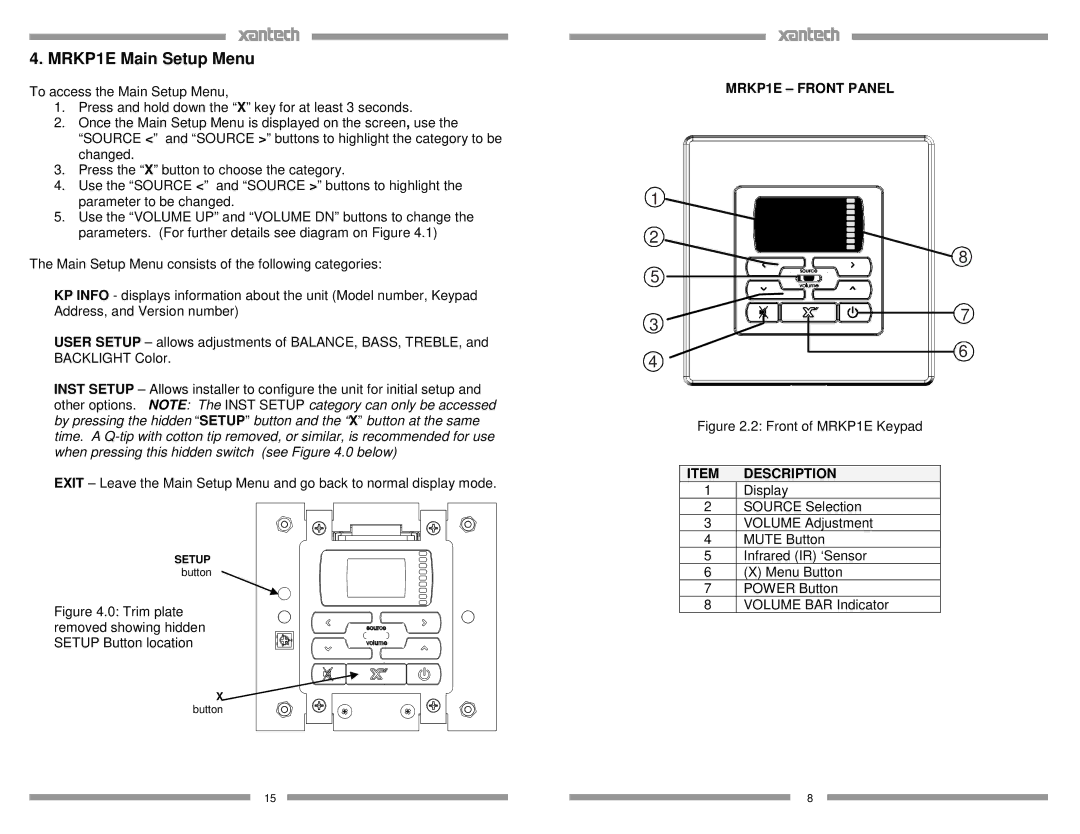 Xantech installation instructions MRKP1E Main Setup Menu, MRKP1E Front Panel, Description 