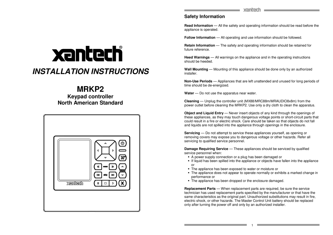 Xantech MRKP2 installation instructions Installation Instructions, Safety Information 