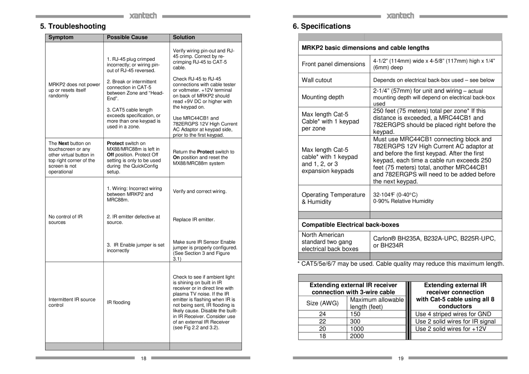 Xantech Troubleshooting, Specifications, MRKP2 basic dimensions and cable lengths, Compatible Electrical back-boxes 