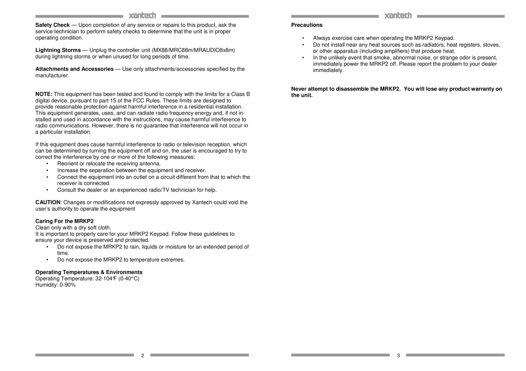 Xantech MRKP2 installation instructions Operating Temperatures & Environments 