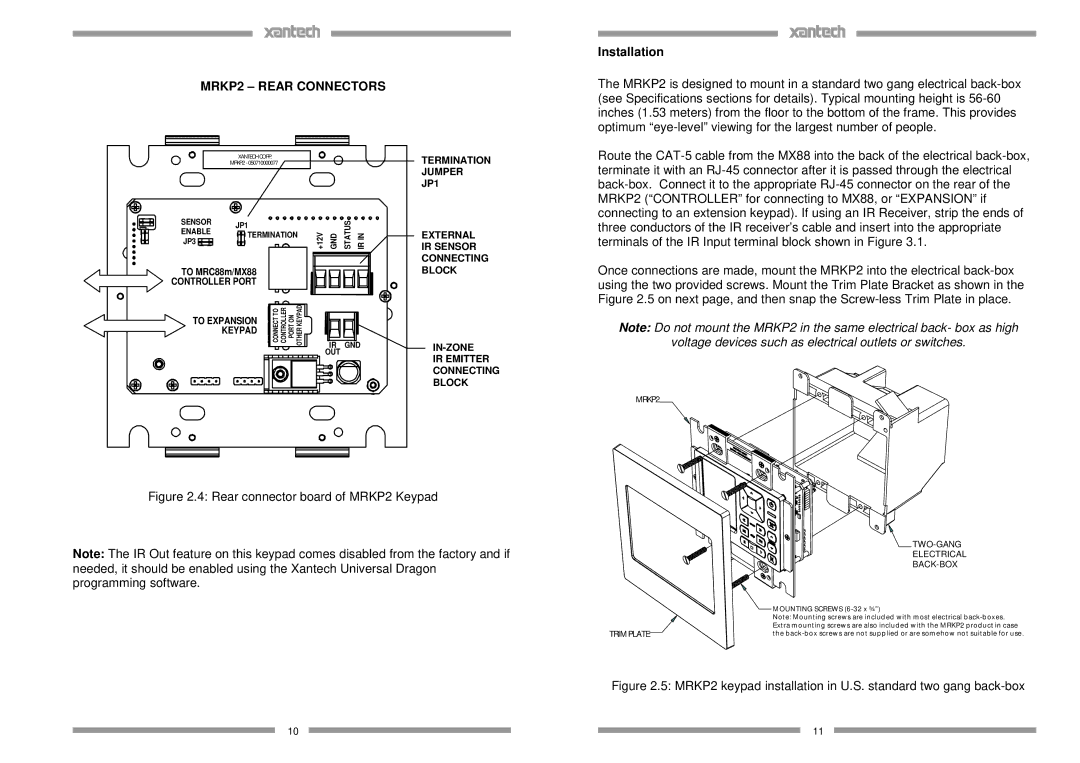 Xantech installation instructions MRKP2 Rear Connectors, Installation 