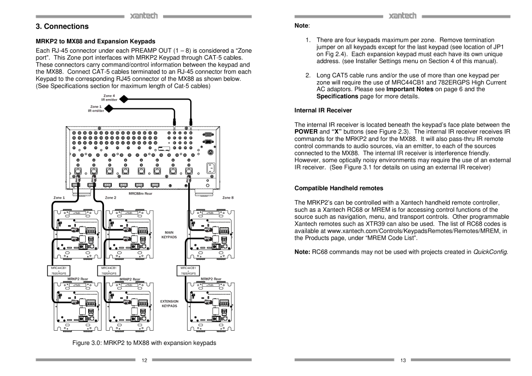 Xantech Connections, MRKP2 to MX88 and Expansion Keypads, Internal IR Receiver, Compatible Handheld remotes 