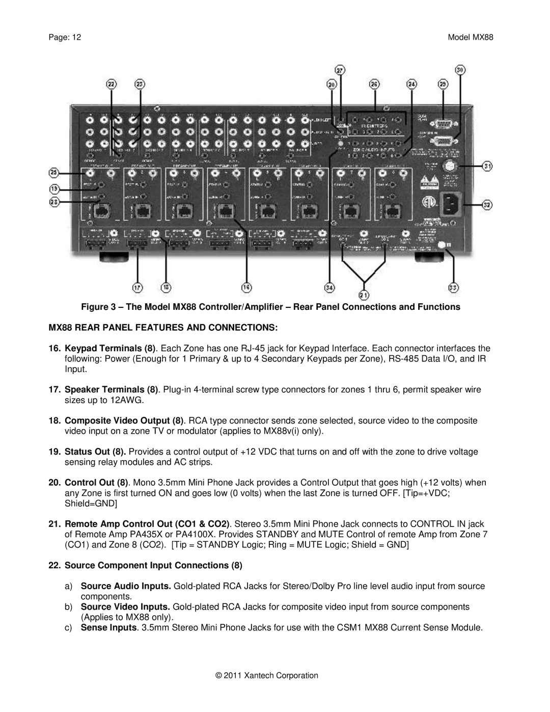 Xantech installation instructions MX88 Rear Panel Features and Connections, Source Component Input Connections 