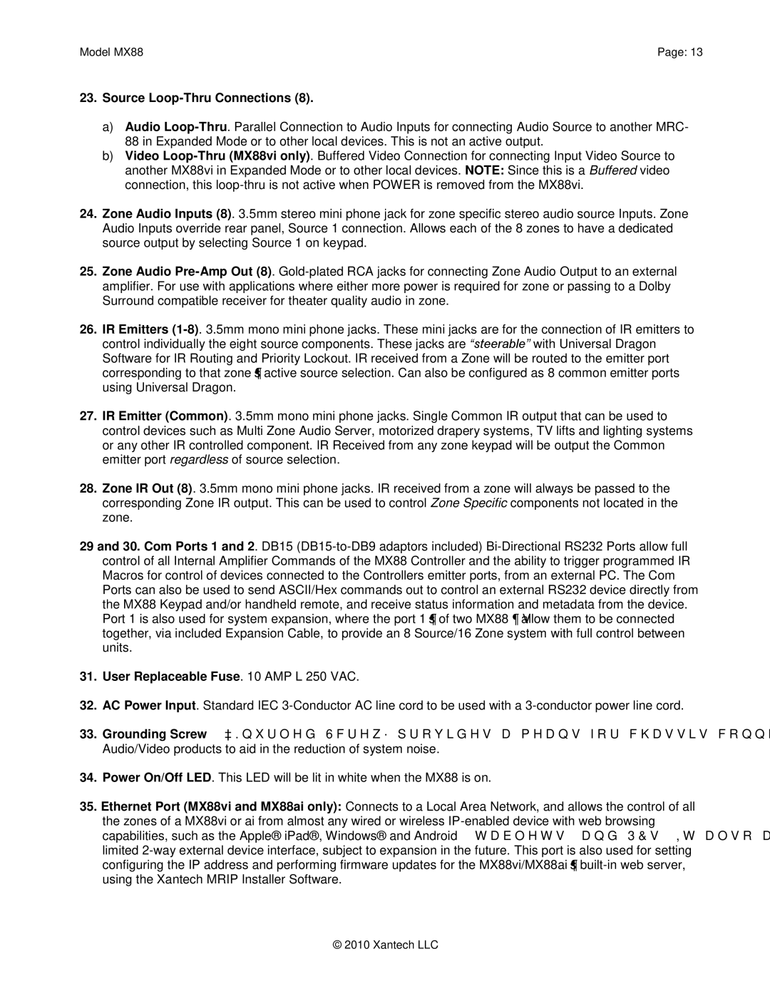 Xantech MX88 installation instructions Source Loop-Thru Connections, User Replaceable Fuse AMP L 250 VAC 