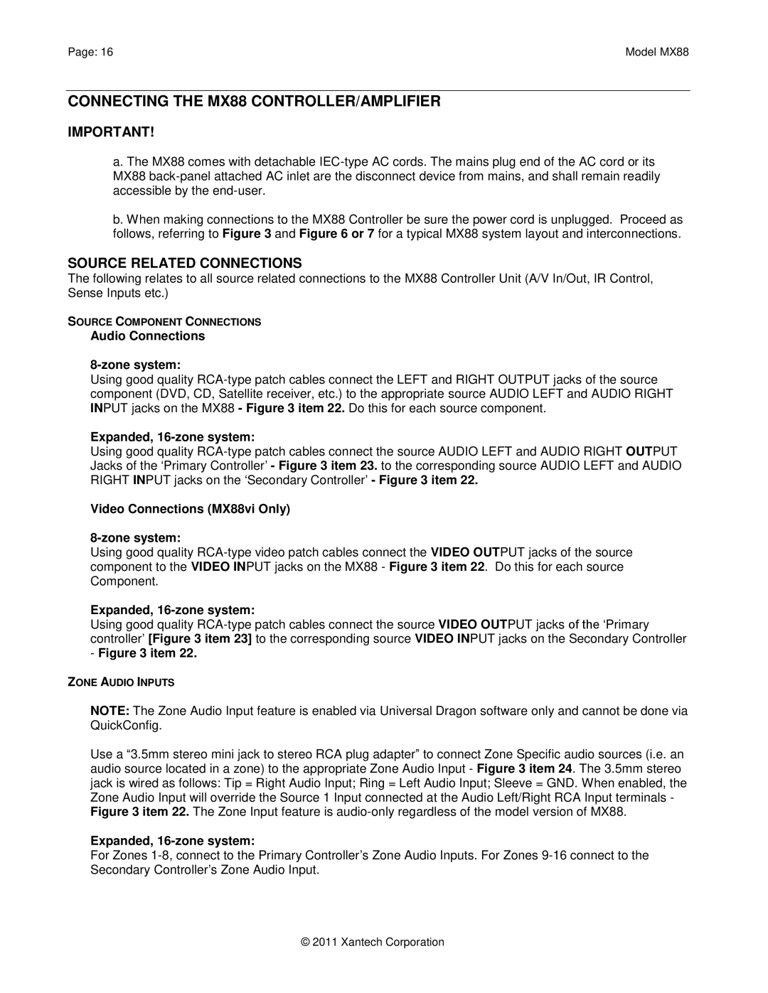 Xantech Connecting the MX88 CONTROLLER/AMPLIFIER, Audio Connections Zone system, Expanded, 16-zone system 