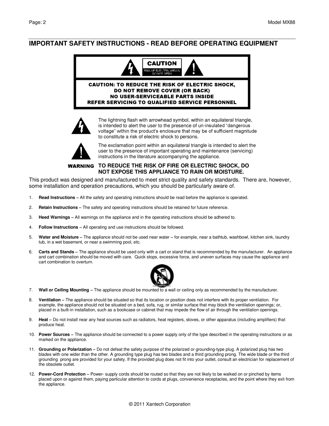 Xantech MX88 installation instructions Not Expose this Appliance to Rain or Moisture 