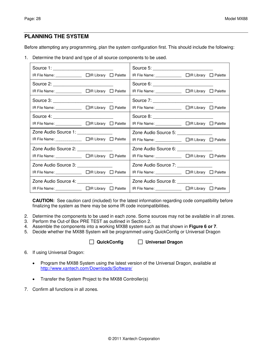 Xantech MX88 installation instructions Planning the System, QuickConfig, Universal Dragon 