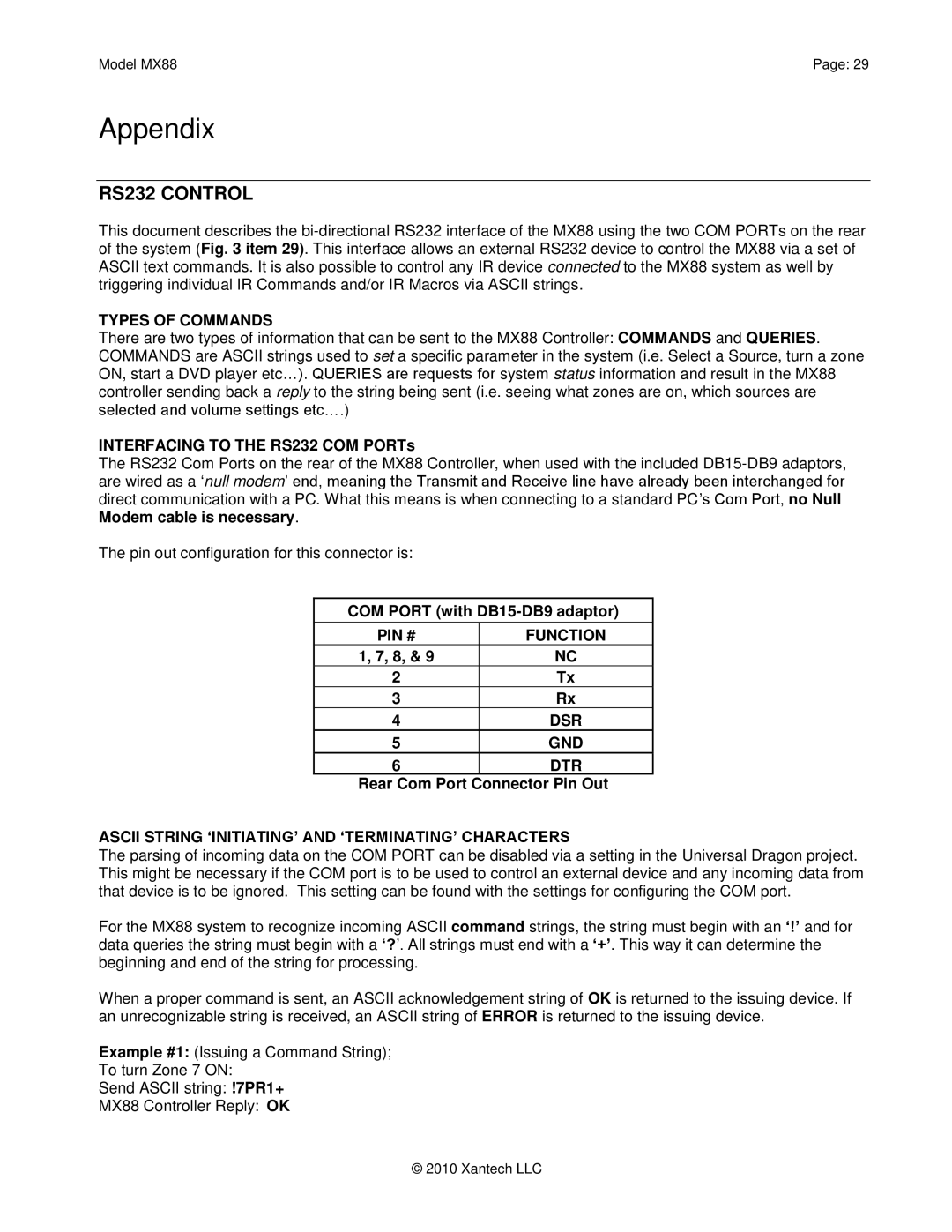 Xantech MX88 installation instructions RS232 Control, Types of Commands, PIN # Function DSR GND DTR 