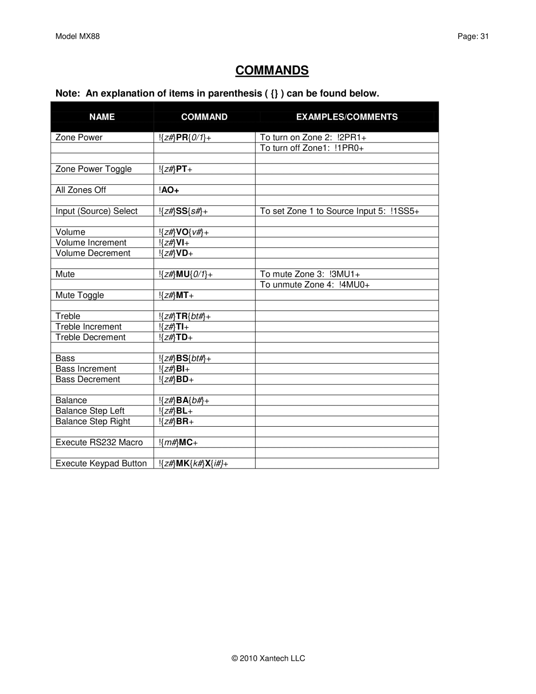 Xantech MX88 installation instructions Commands, Ao+ 