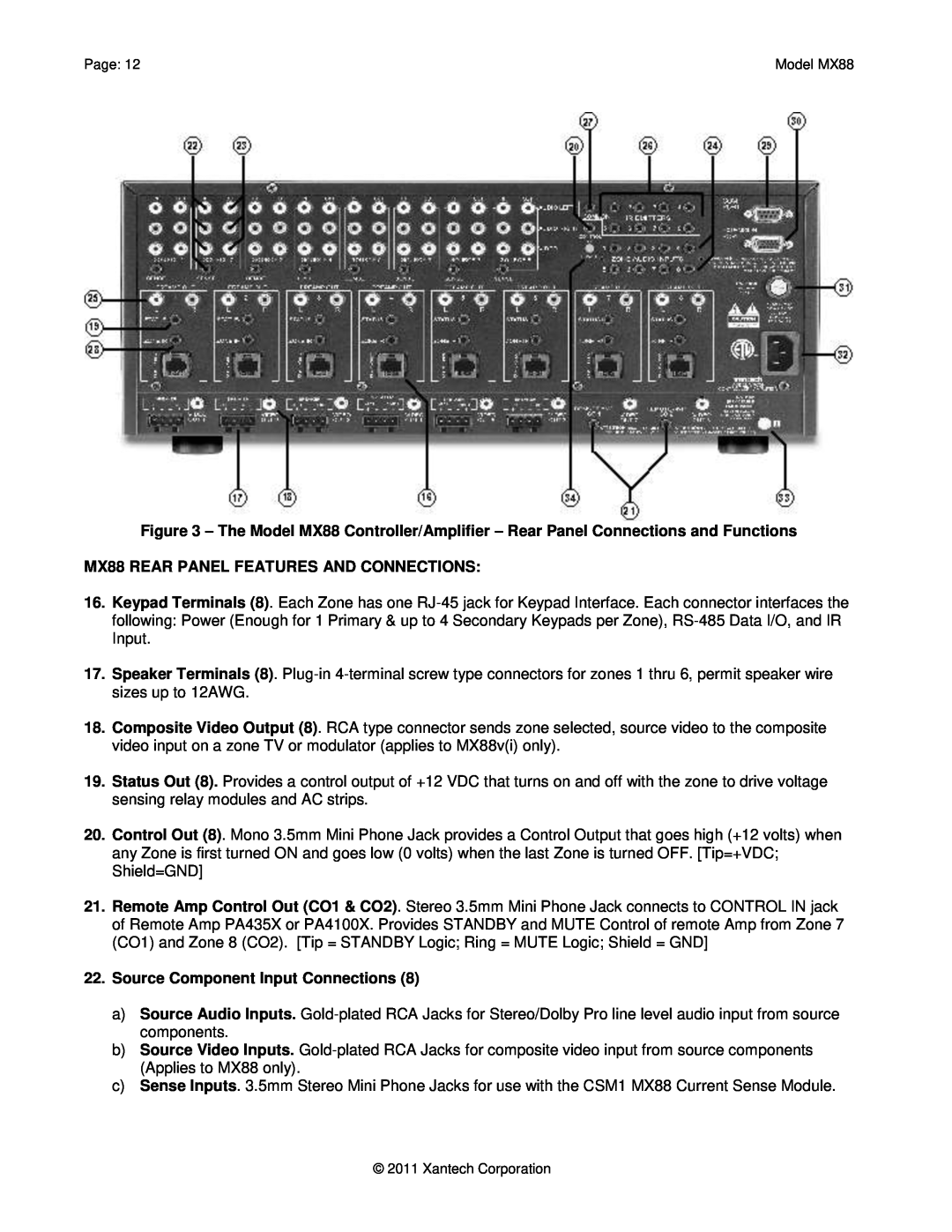 Xantech installation instructions MX88 REAR PANEL FEATURES AND CONNECTIONS, Source Component Input Connections 