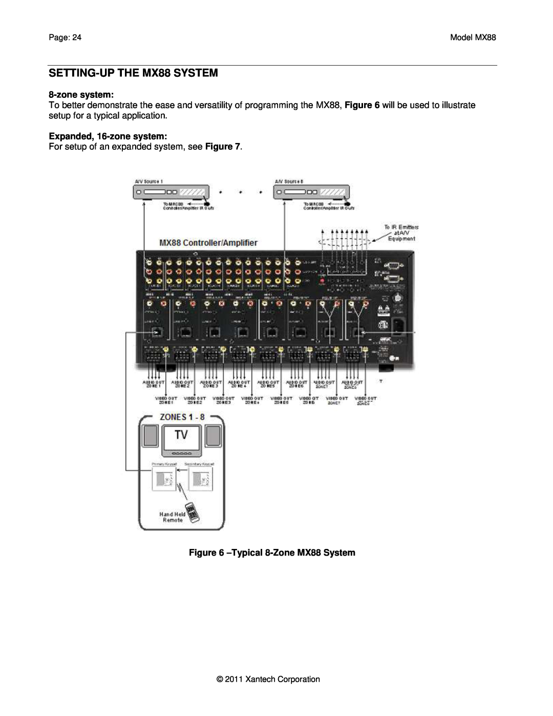 Xantech SETTING-UPTHE MX88 SYSTEM, Typical 8-ZoneMX88 System, Expanded, 16-zonesystem, Page, Model MX88 