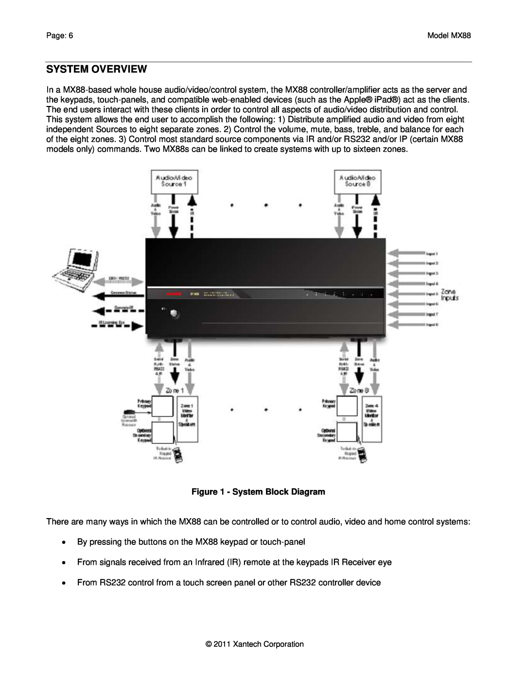 Xantech MX88 installation instructions System Overview, System Block Diagram 
