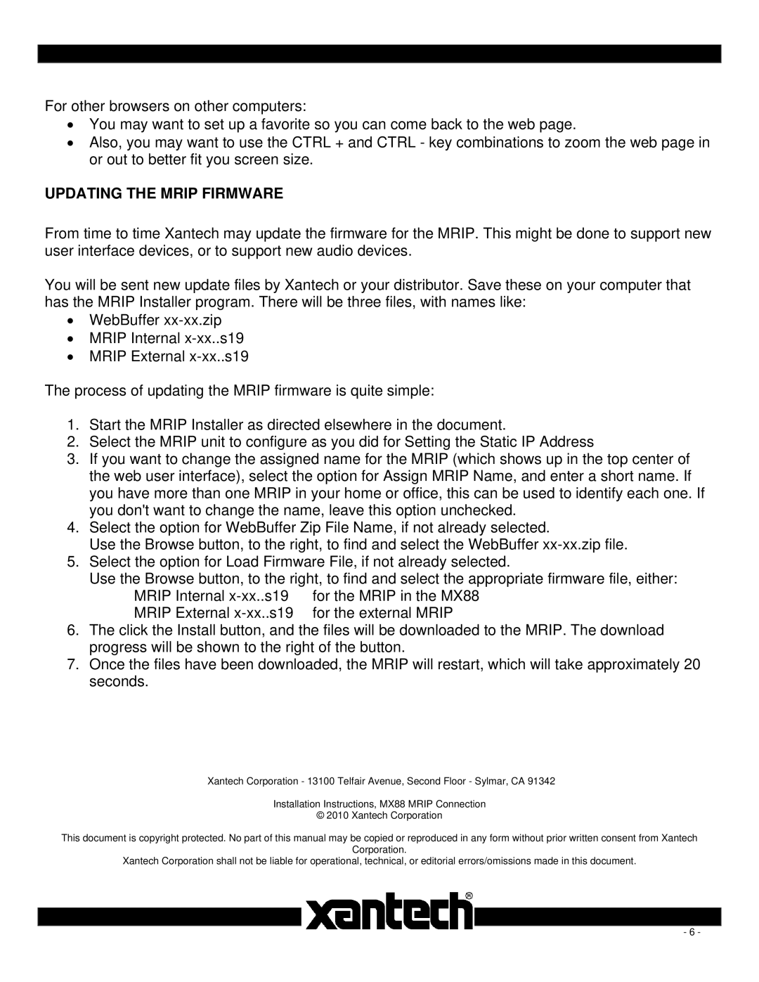 Xantech MX88VI, MX88AI installation instructions Updating the Mrip Firmware 