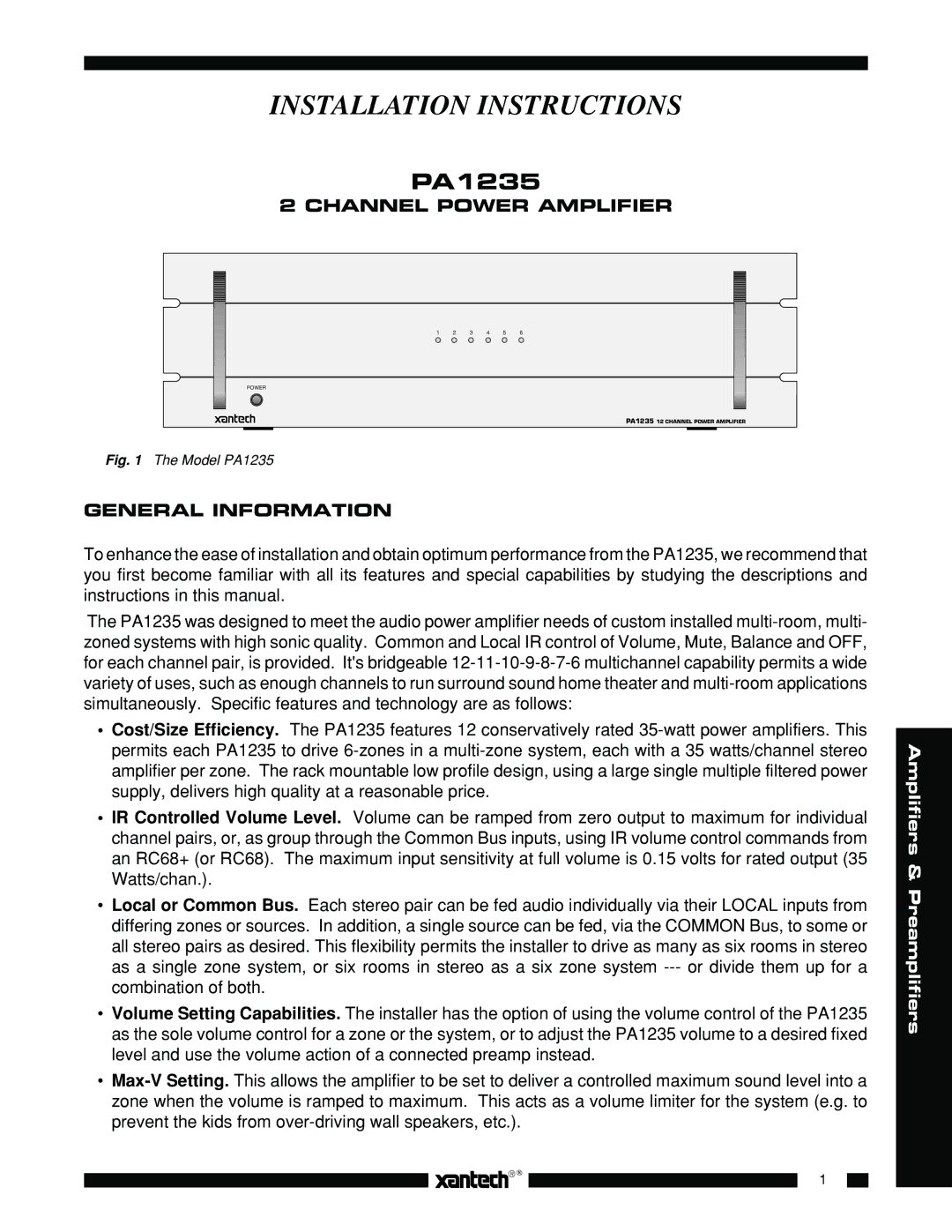 Xantech PA1235 installation instructions Channel Power Amplifier, General Information 