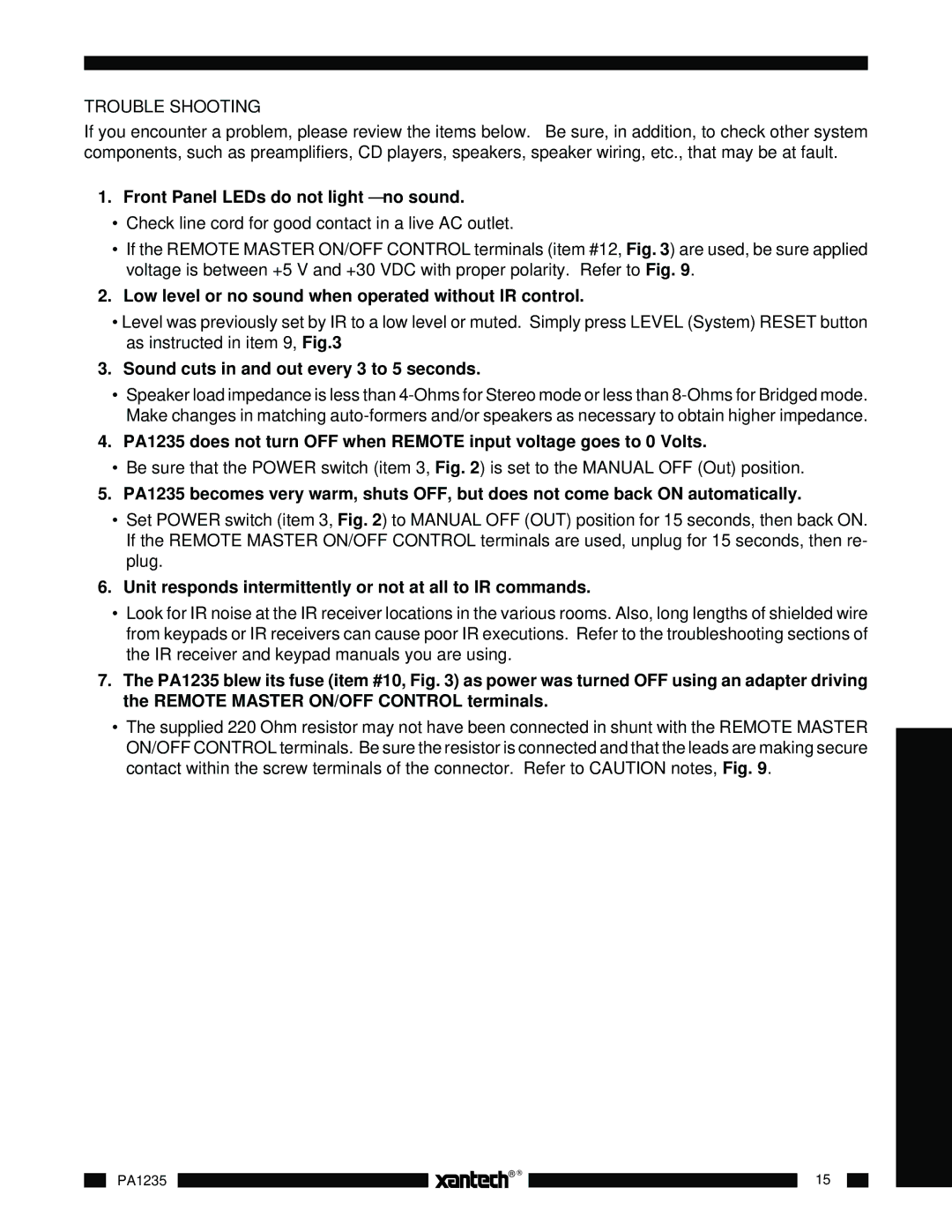 Xantech PA1235 Trouble Shooting, Front Panel LEDs do not light no sound, Sound cuts in and out every 3 to 5 seconds 