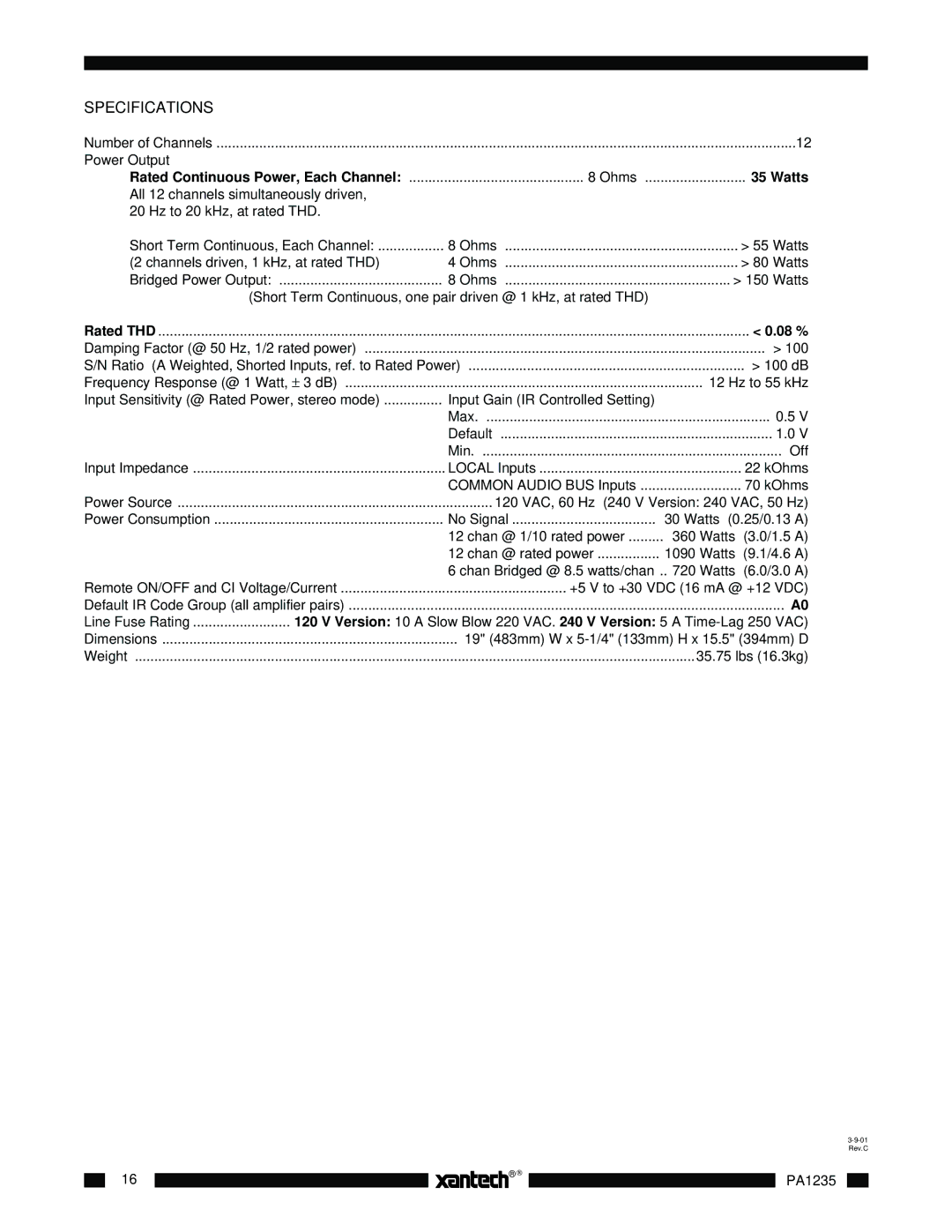 Xantech PA1235 installation instructions Specifications 