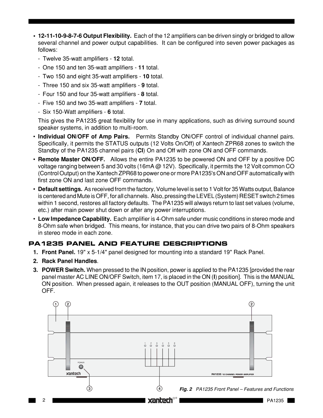 Xantech installation instructions PA1235 Panel and Feature Descriptions, Rack Panel Handles 