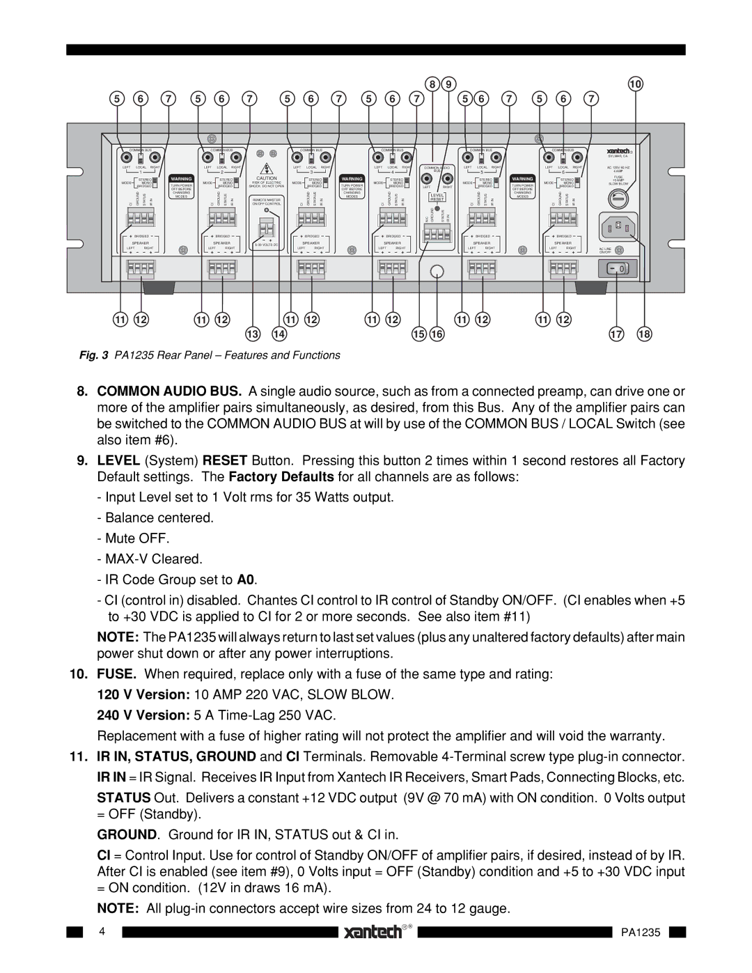 Xantech installation instructions PA1235 Rear Panel Features and Functions 