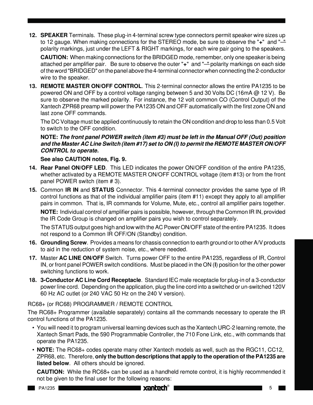 Xantech PA1235 installation instructions See also Caution notes, Fig, RC68+ or RC68 Programmer / Remote Control 