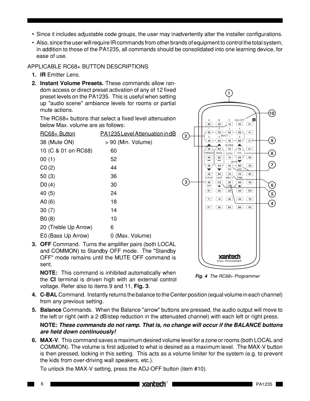Xantech PA1235 Applicable RC68+ Button Descriptions, Instant Volume Presets. These commands allow ran 