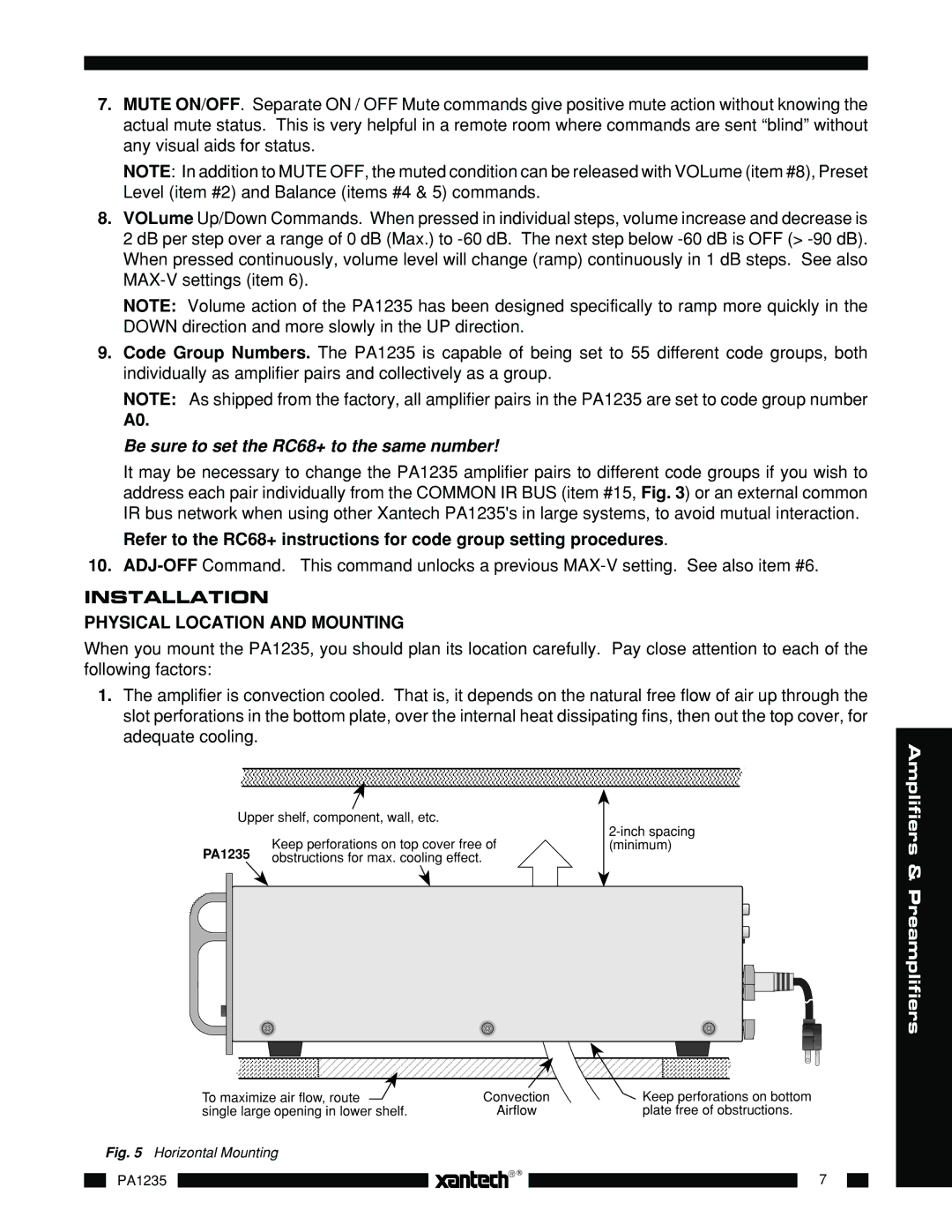 Xantech PA1235 Be sure to set the RC68+ to the same number, Installation Physical Location and Mounting 