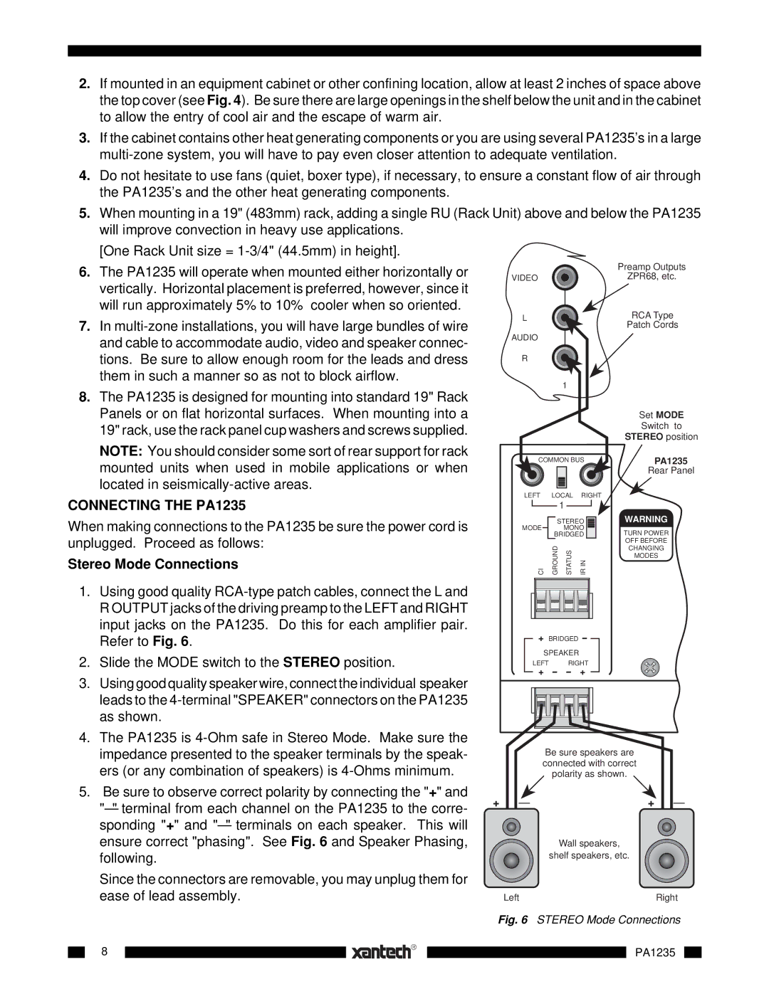 Xantech installation instructions Connecting the PA1235, Stereo Mode Connections 