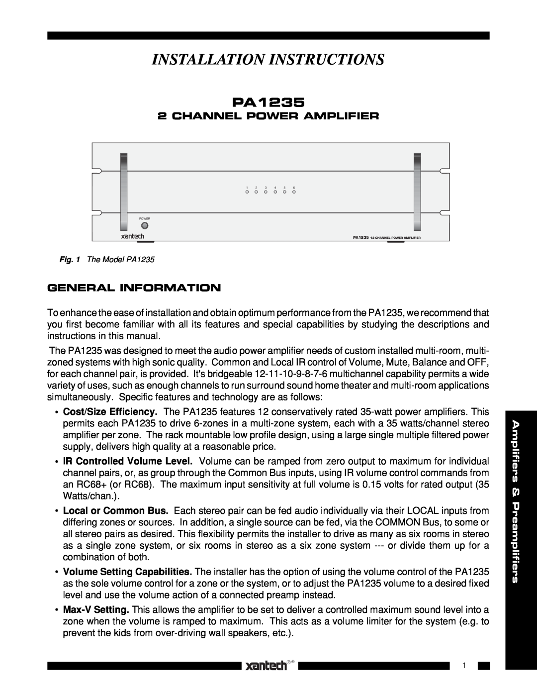 Xantech PA1235 installation instructions Channel Power Amplifier, General Information, Installation Instructions 