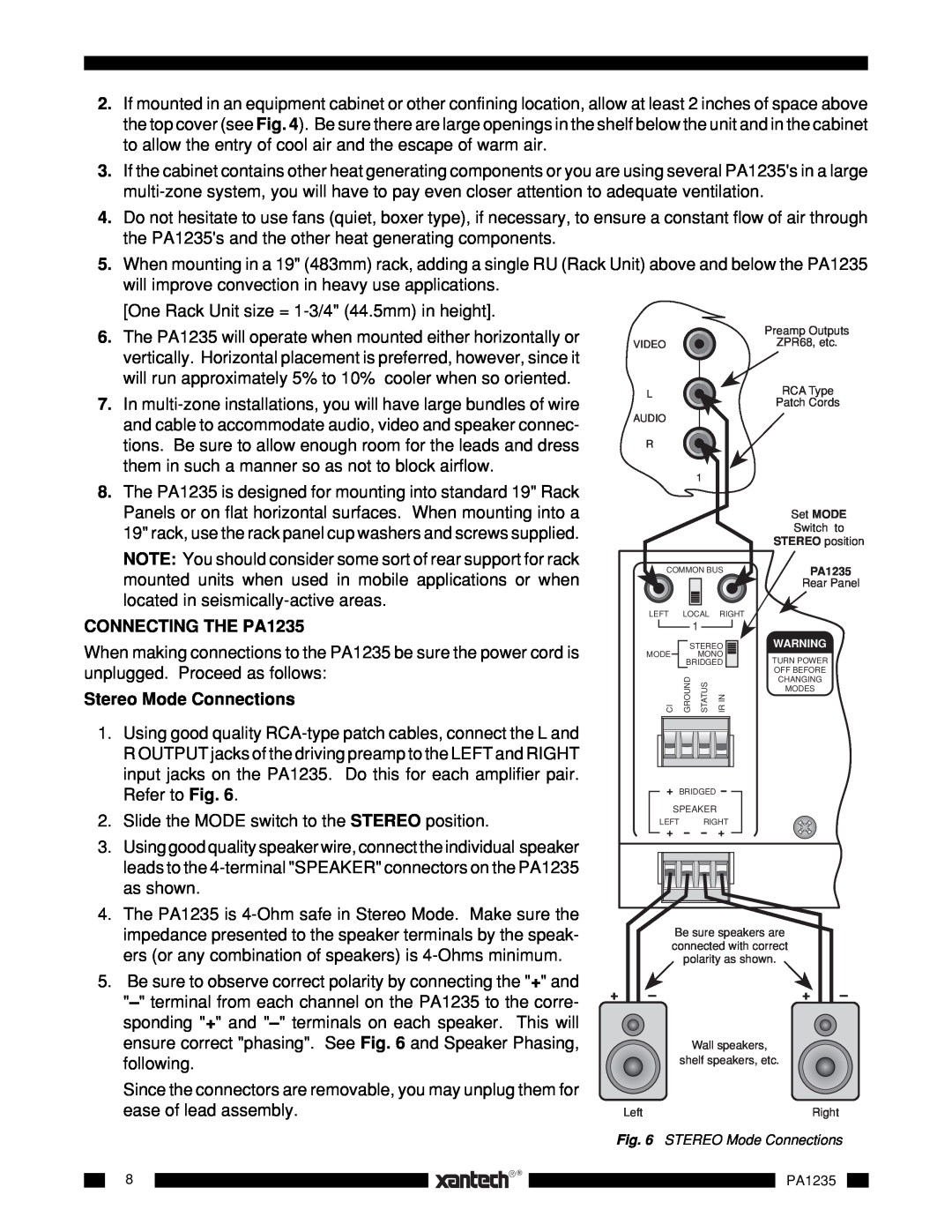Xantech installation instructions CONNECTING THE PA1235, Stereo Mode Connections 