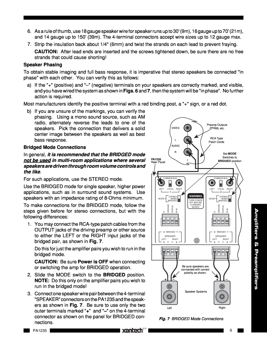 Xantech PA1235 installation instructions Speaker Phasing, Bridged Mode Connections 