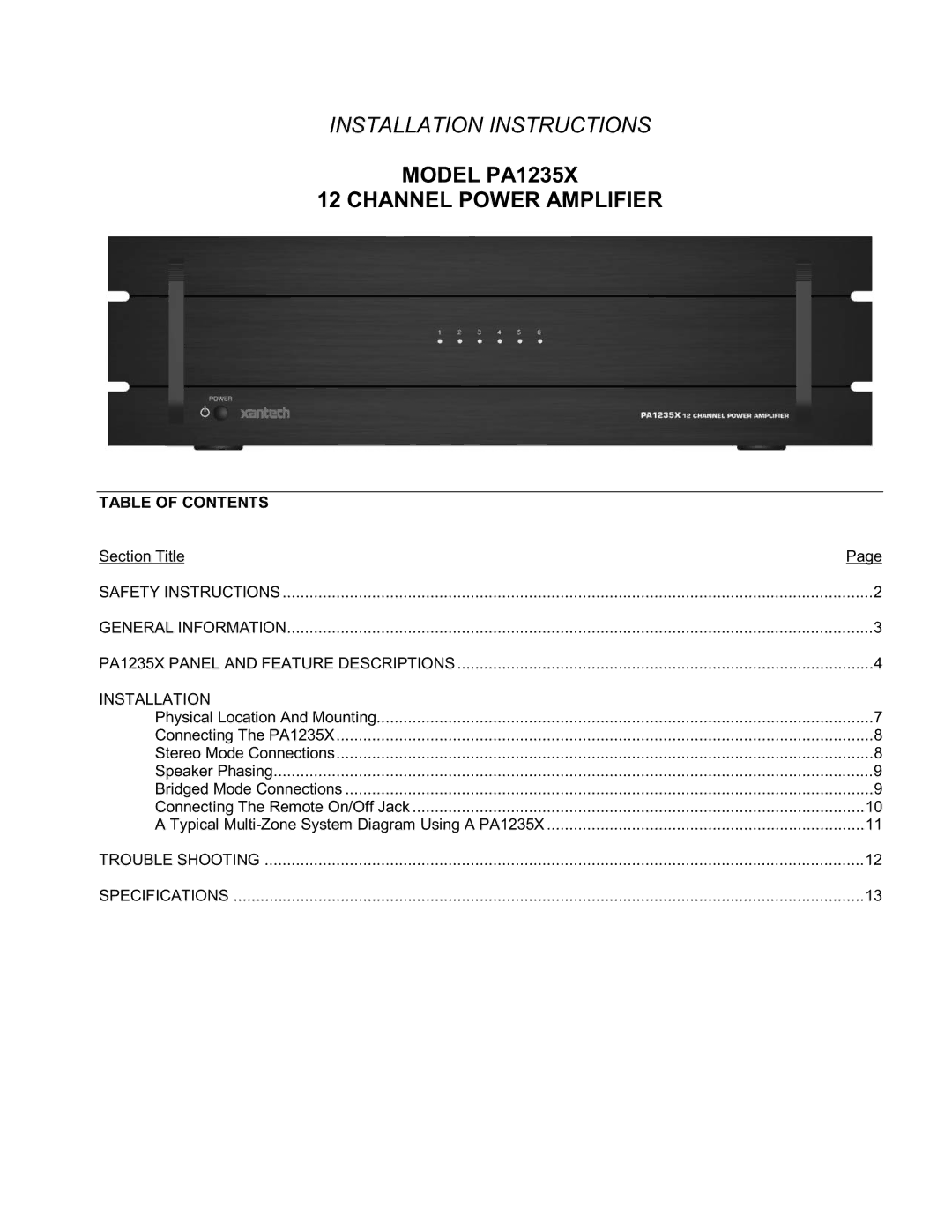 Xantech installation instructions Model PA1235X Channel Power Amplifier, Table of Contents 