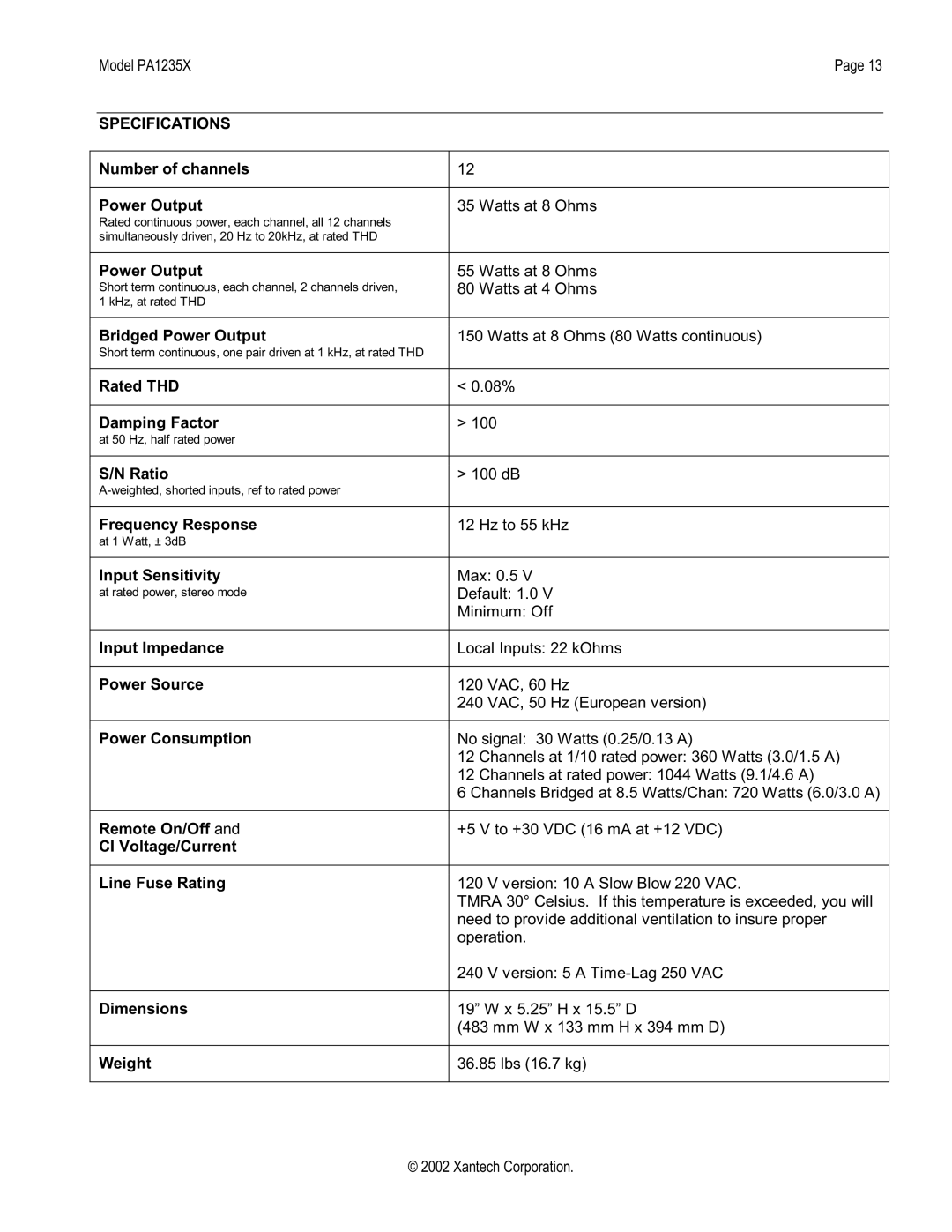 Xantech PA1235X installation instructions Specifications 