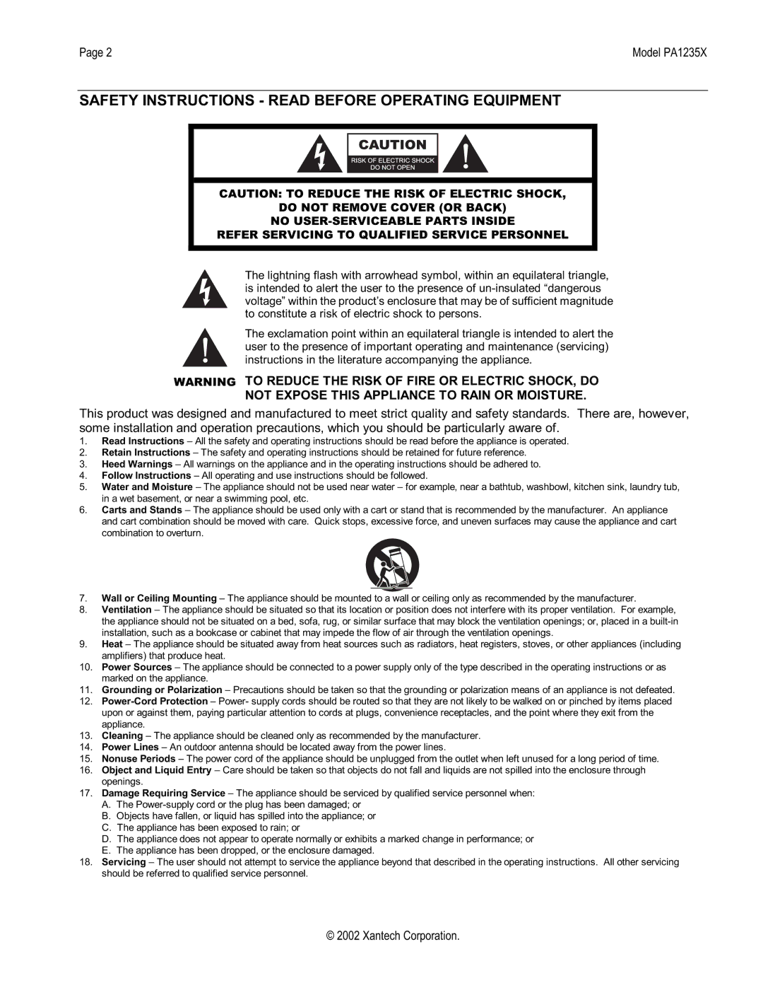 Xantech PA1235X Safety Instructions Read Before Operating Equipment, Not Expose this Appliance to Rain or Moisture 