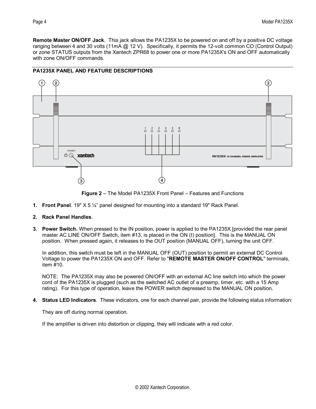 Xantech installation instructions PA1235X Panel and Feature Descriptions, Rack Panel Handles 