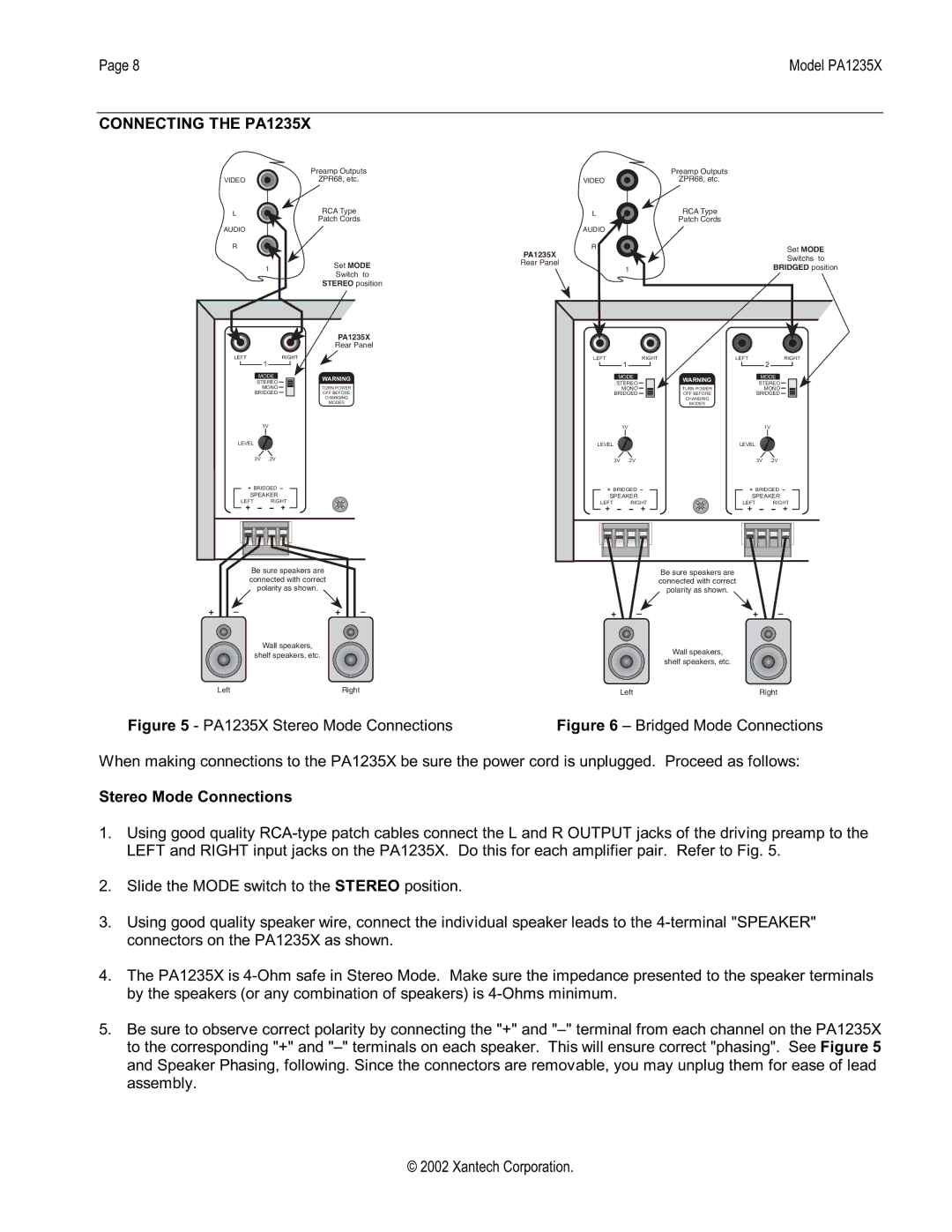 Xantech installation instructions Connecting the PA1235X, Stereo Mode Connections 