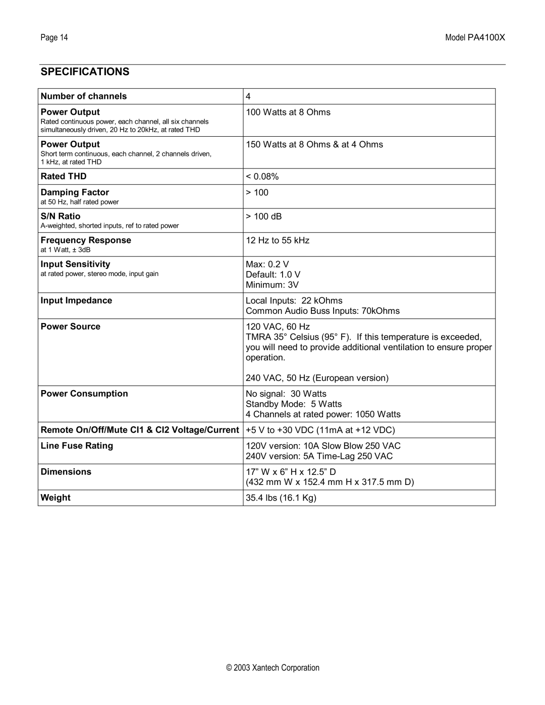 Xantech PA4100X, FOUR CHANNEL HI-POWER AMPLIFIER installation instructions Specifications, Number of channels Power Output 