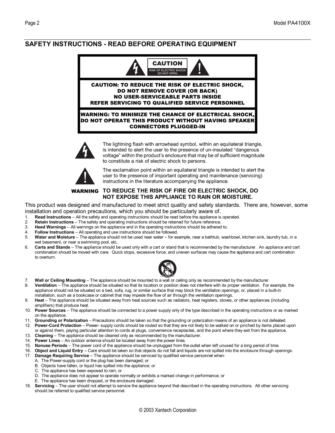 Xantech PA4100X Safety Instructions Read Before Operating Equipment, Not Expose this Appliance to Rain or Moisture 