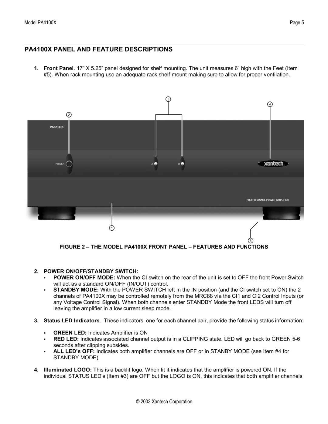 Xantech FOUR CHANNEL HI-POWER AMPLIFIER installation instructions PA4100X Panel and Feature Descriptions, Standby Mode 