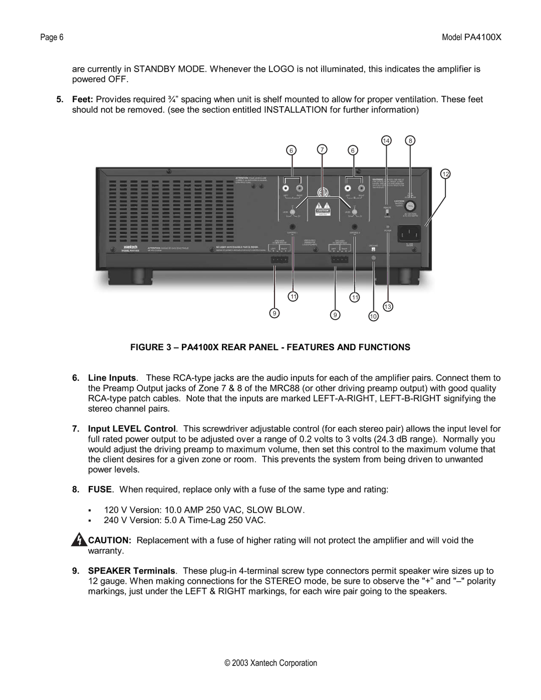 Xantech FOUR CHANNEL HI-POWER AMPLIFIER installation instructions PA4100X Rear Panel Features and Functions 