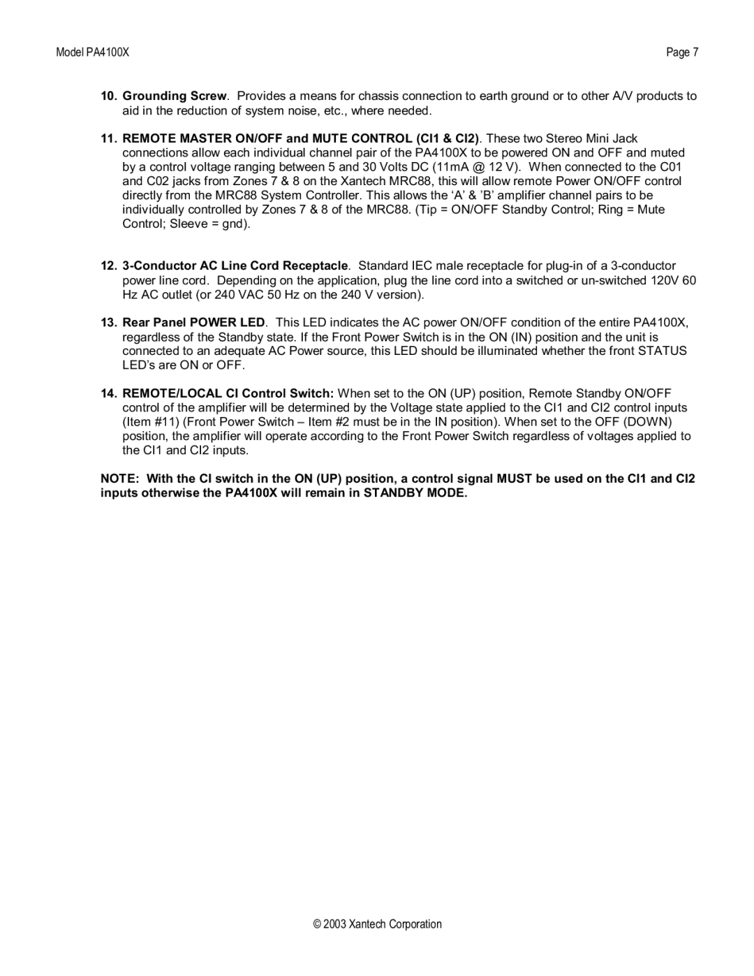 Xantech FOUR CHANNEL HI-POWER AMPLIFIER, PA4100X installation instructions 