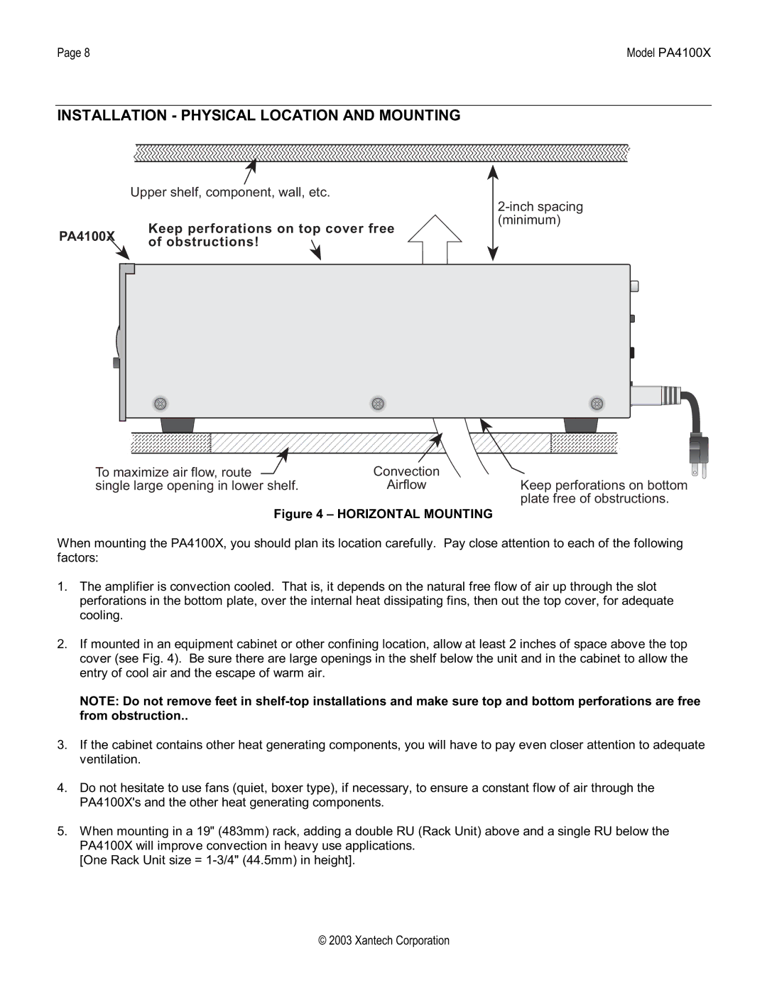 Xantech Installation Physical Location and Mounting, PA4100X Keep perforations on top cover free Obstructions 